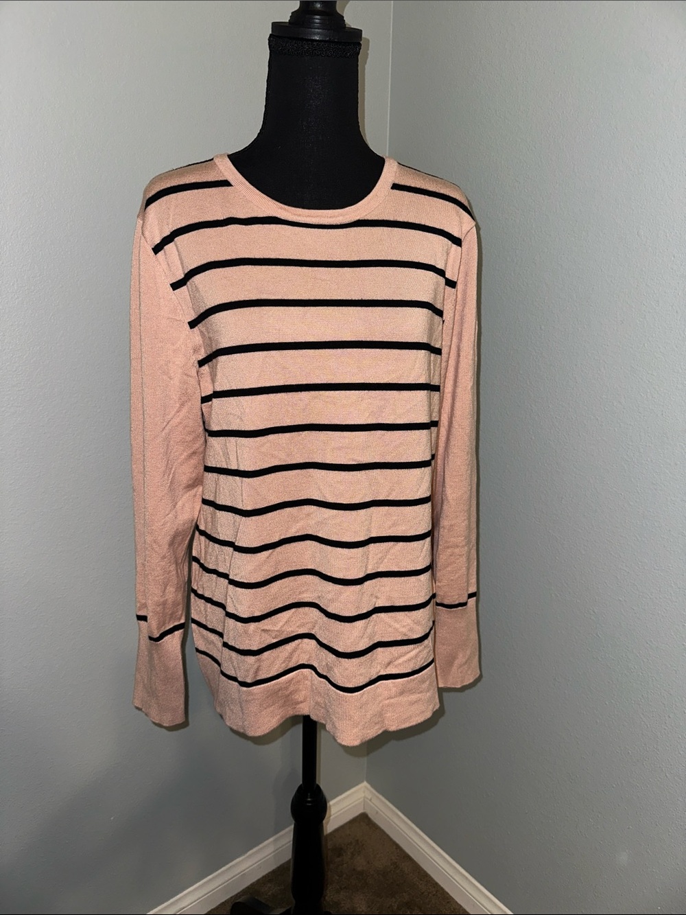 Karl Lagerfeld Pink and Black Striped Crew Neck Sweater